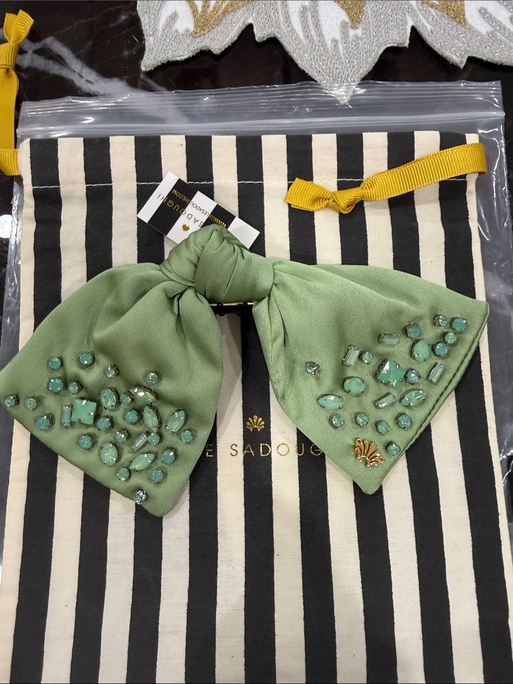 Lele sadoughi Embellished Sage Green Satin Hair Bow